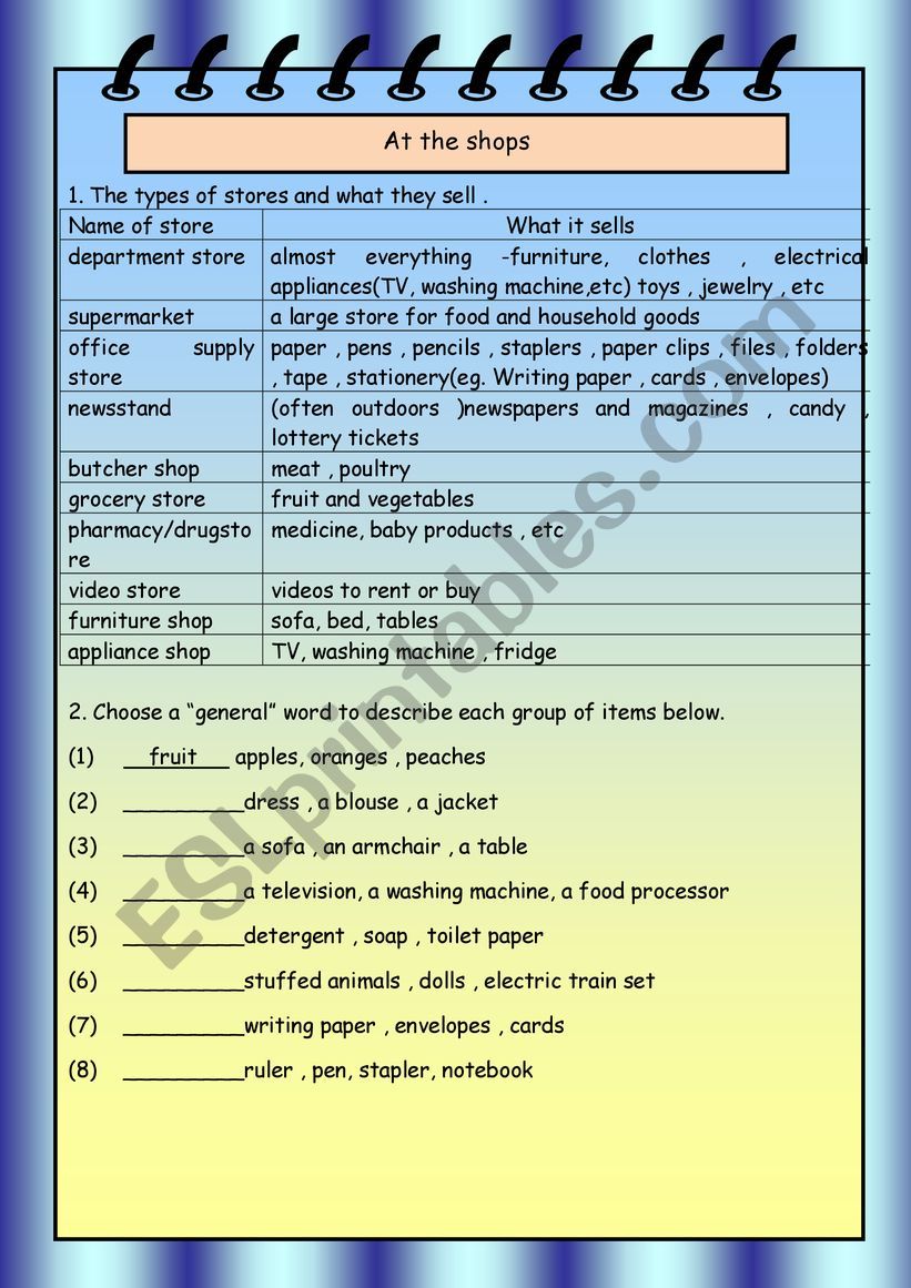 At the shops worksheet