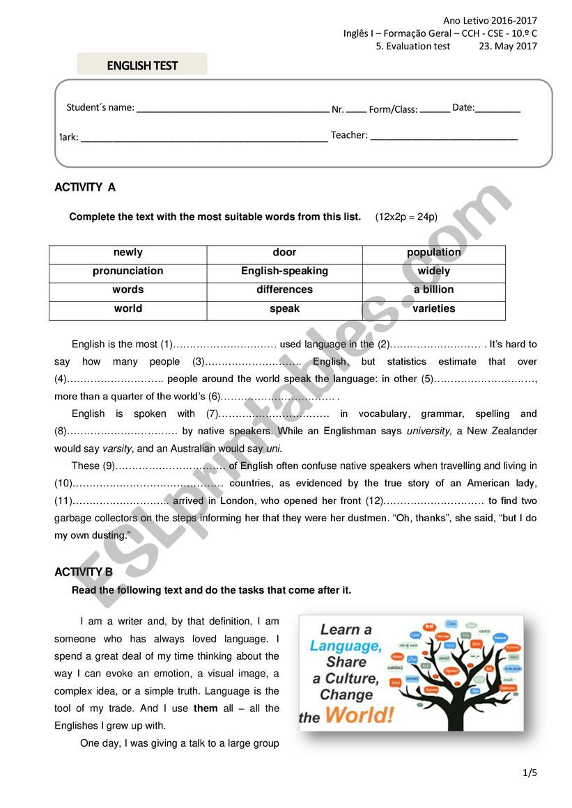 10th form test worksheet