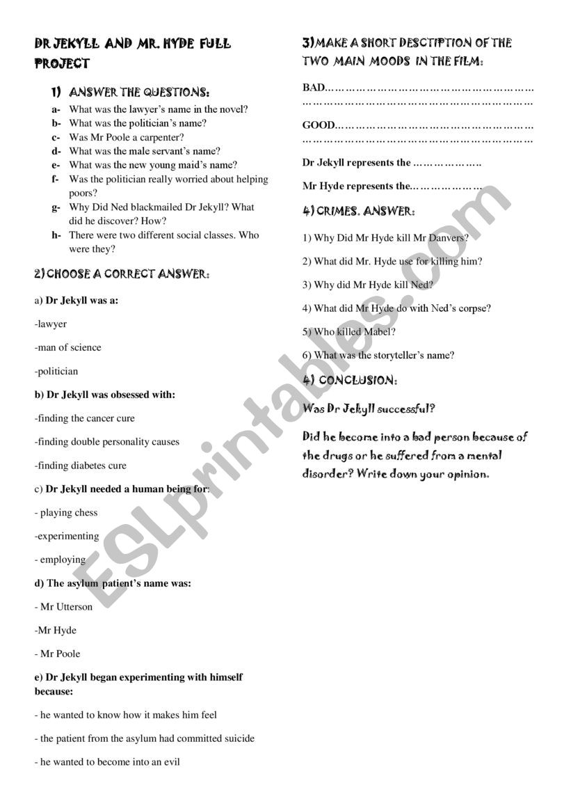 Dr Jekyll and Mr Hyde Project worksheet