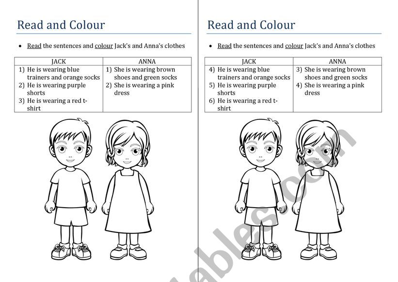 Clothes - Read and colour worksheet