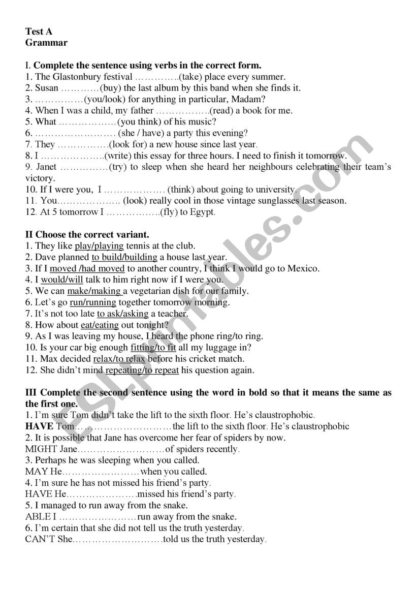 test for 9 formers worksheet