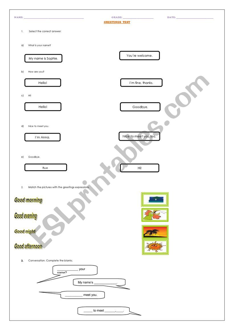 GREETINGS TEST worksheet
