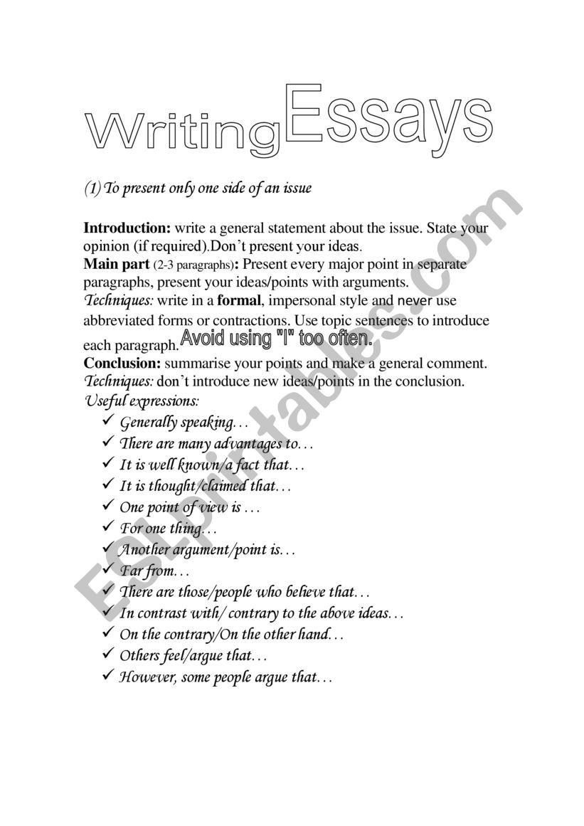 writing essays worksheet