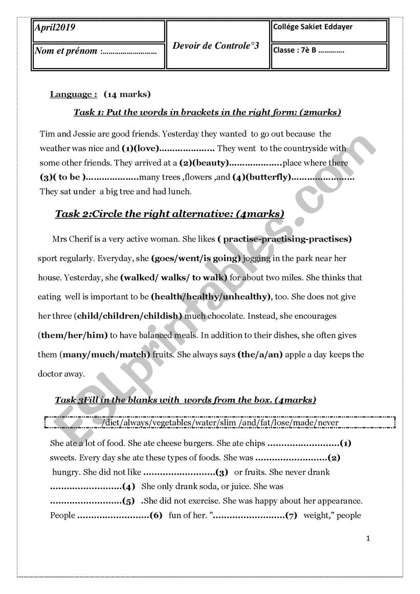 7th Mid term test3 worksheet