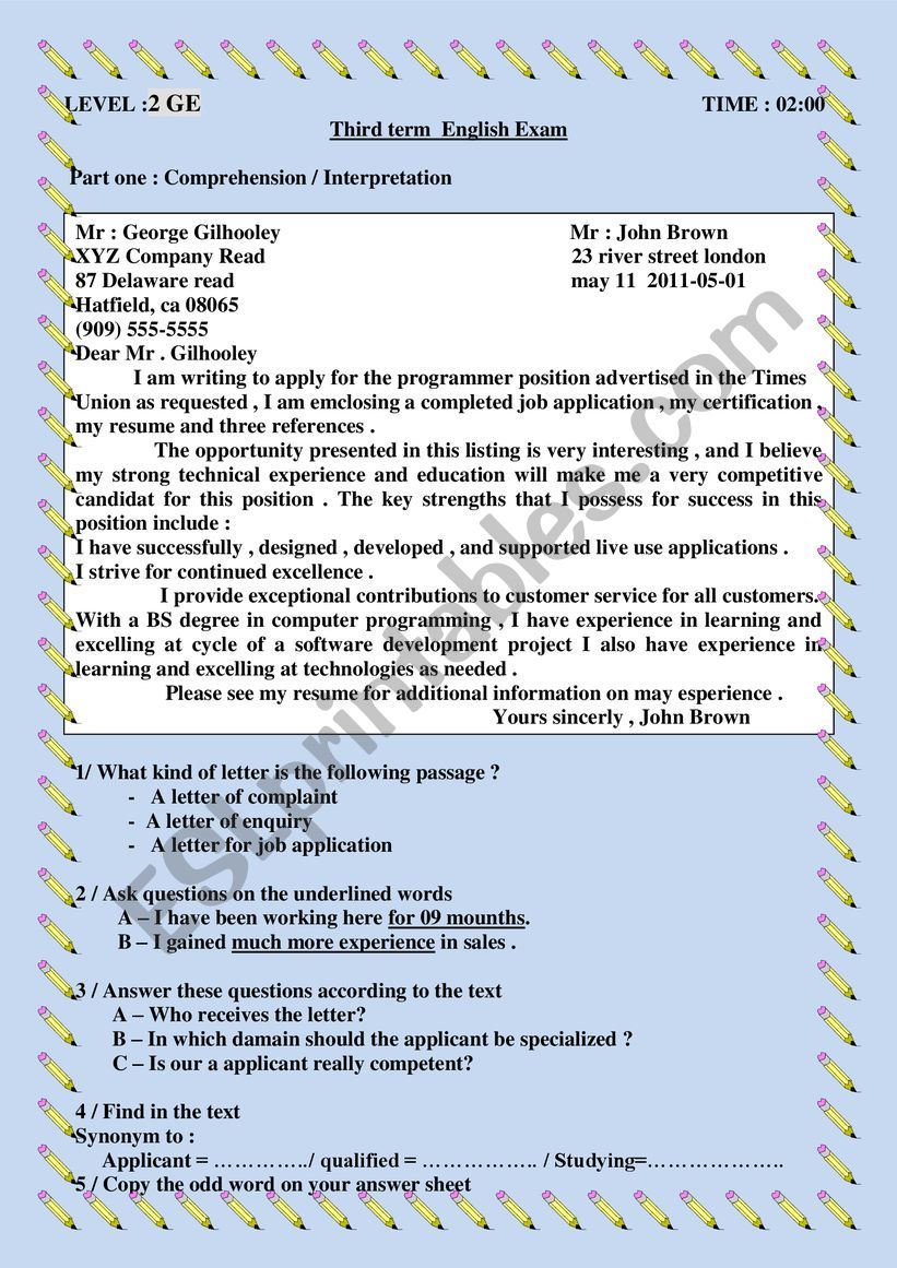 exam paper for 2nd year .A sample exam for 3rd term