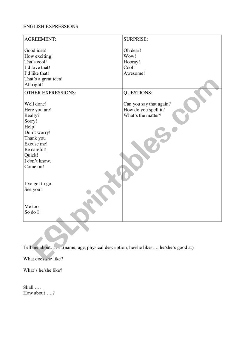 Movers expressions worksheet
