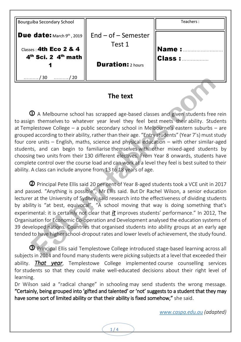 BAC TEST worksheet