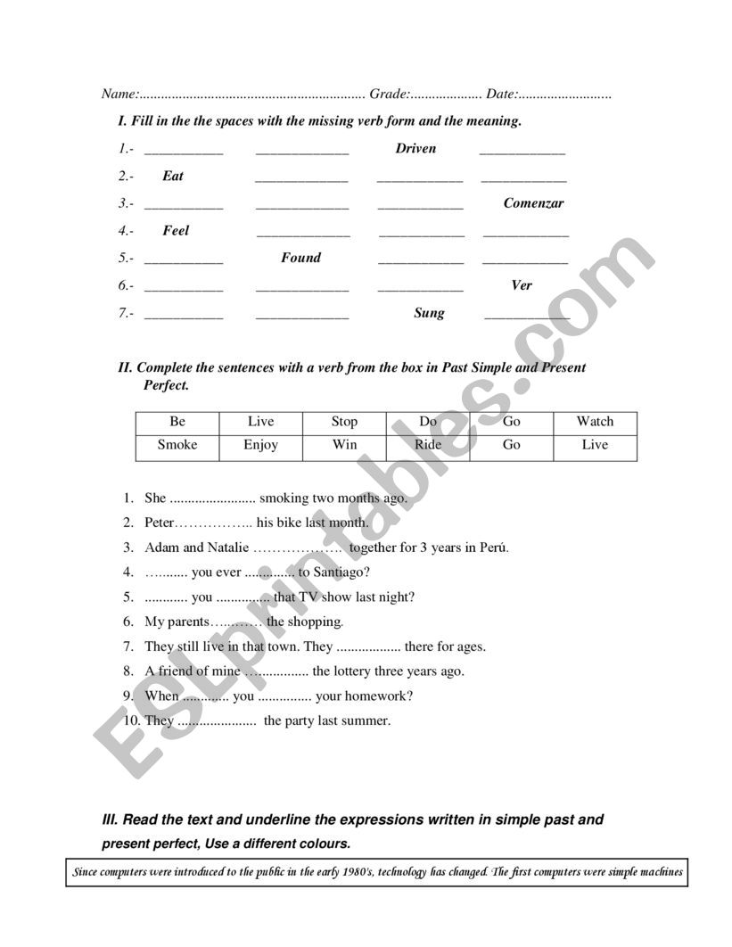 Simple past Presetn Perfect  worksheet