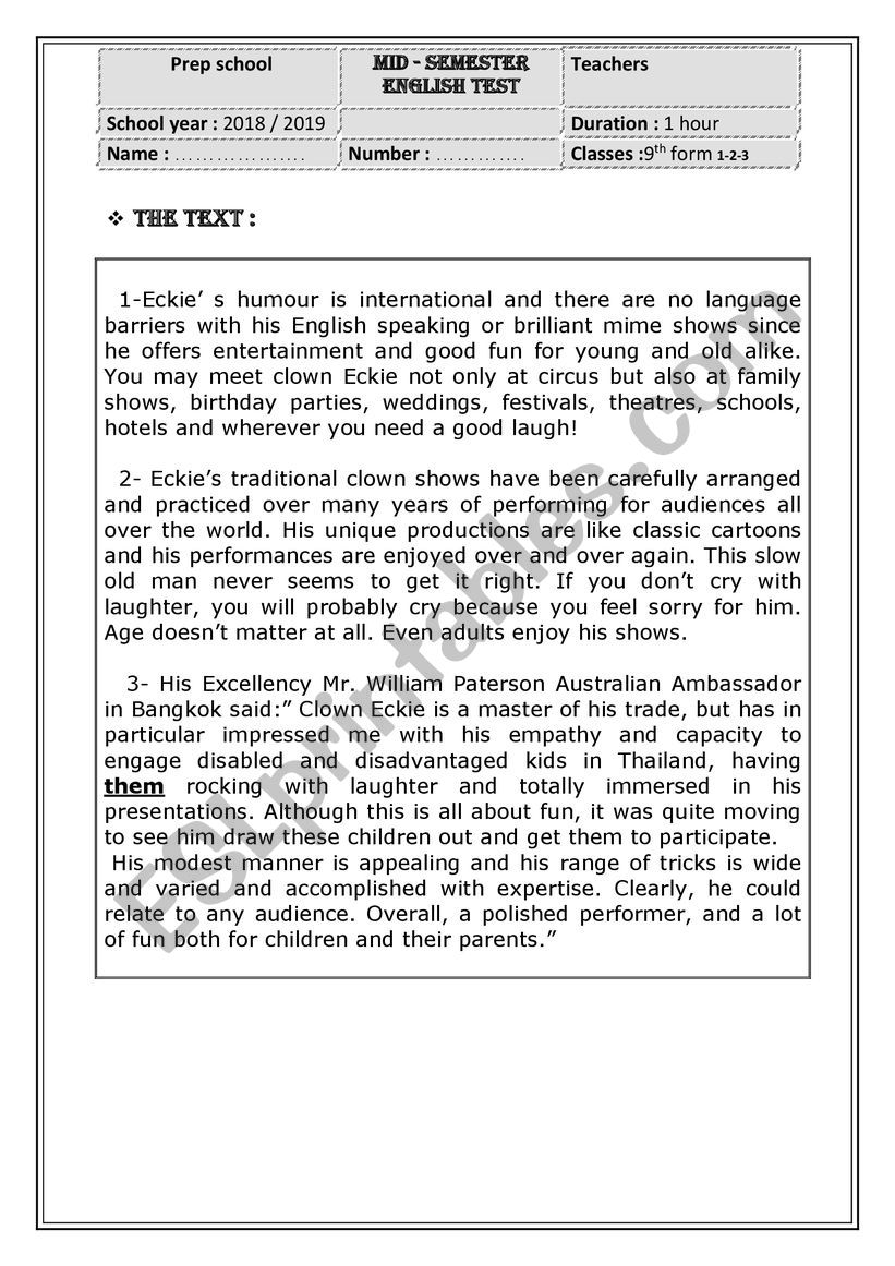 full term test 3 9th form worksheet