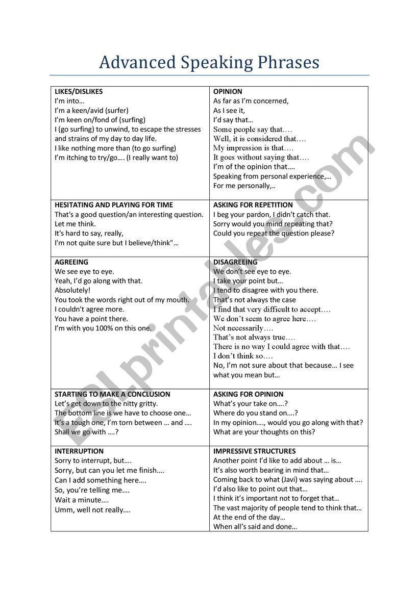 Speaking phrases worksheet