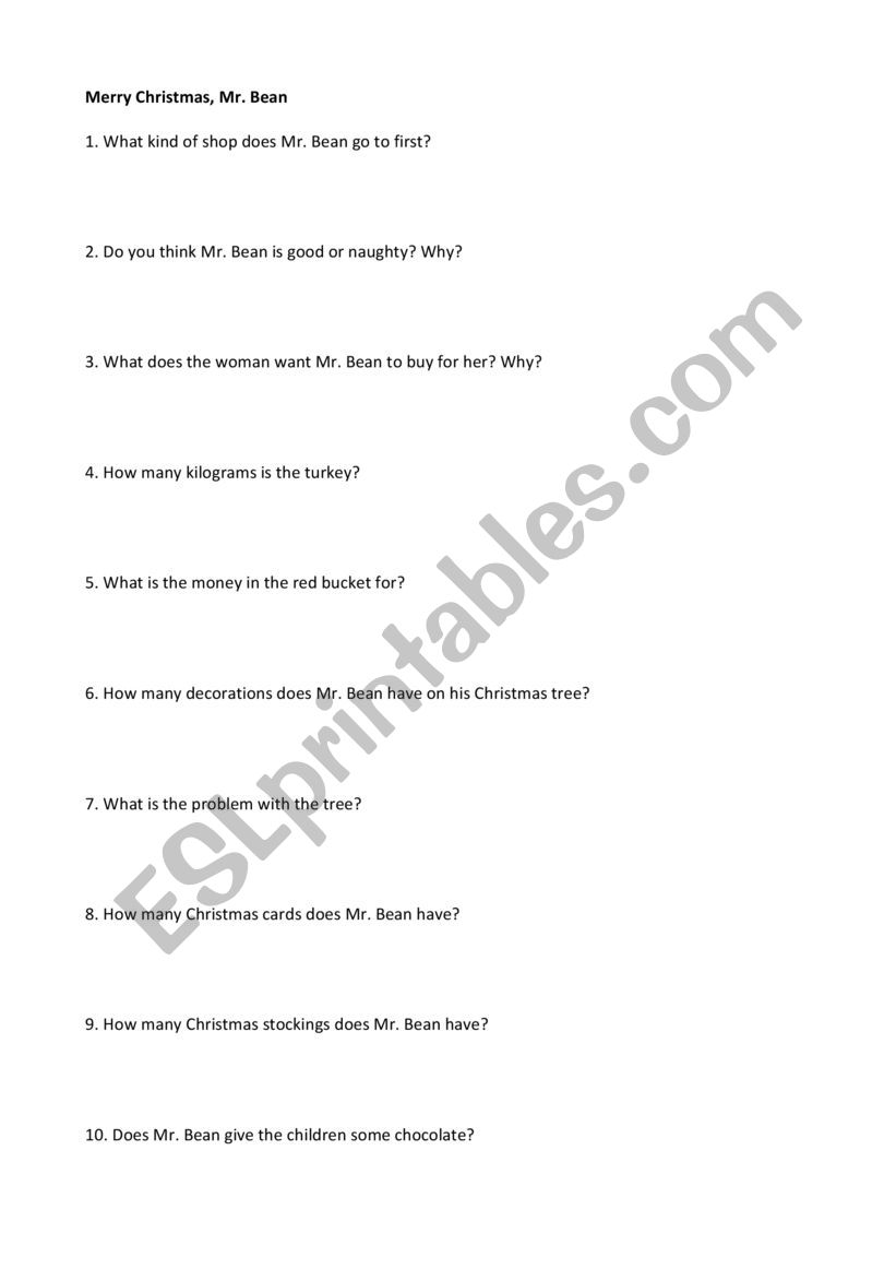 Mr. Bean - Christmas worksheet