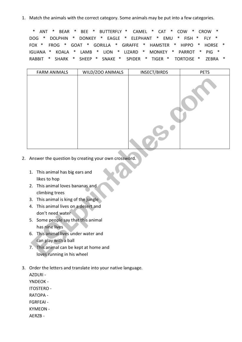 Animals for begginers worksheet