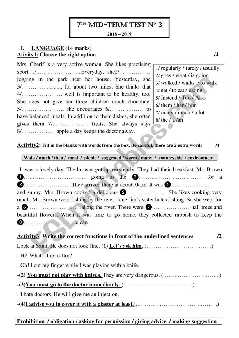 7th mid term test N 3 worksheet