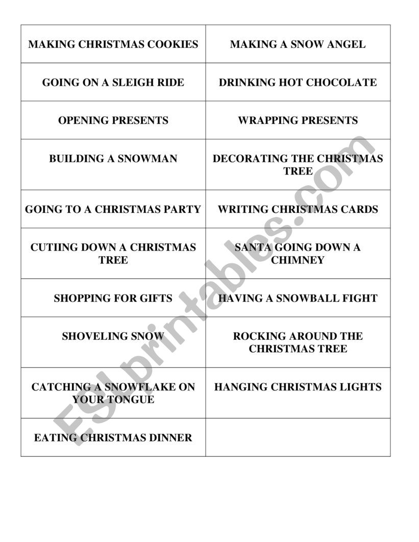 Christmas charades worksheet