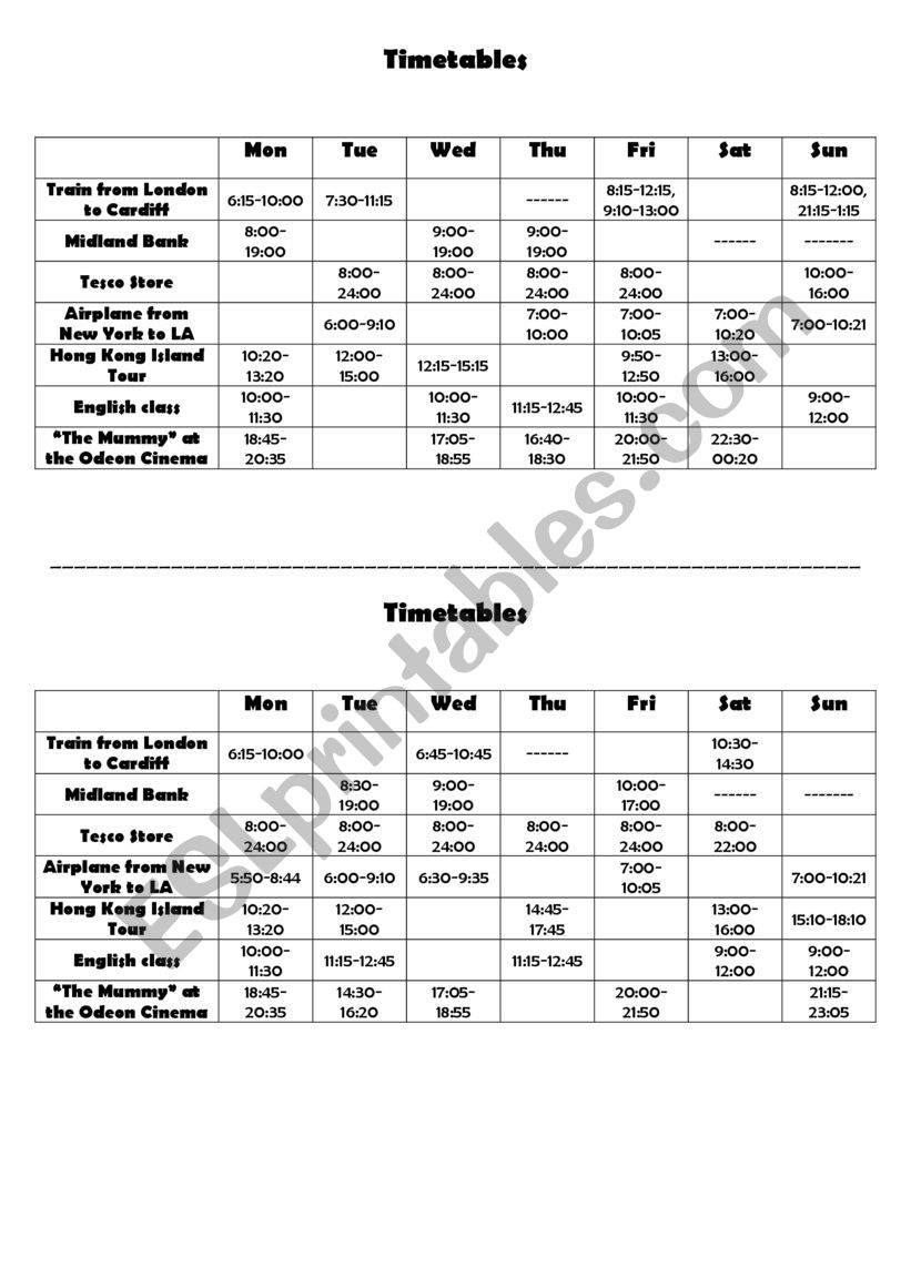 Timetables worksheet