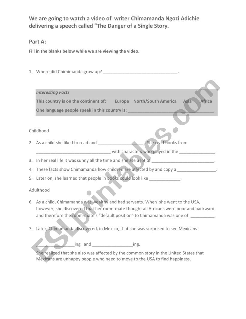 Danger of a Single Story TED Talk Worksheet (Chimamanda Ngozi Adichie