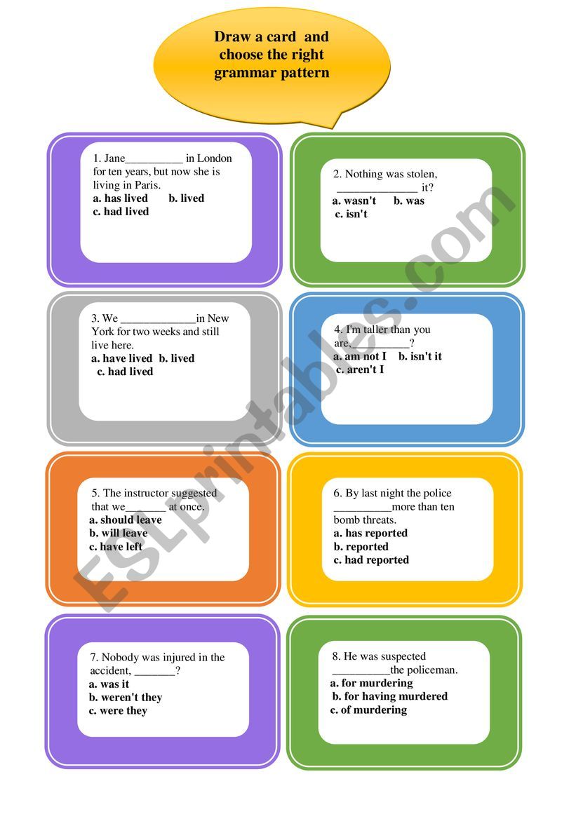 Revision Grammar Cards with keys