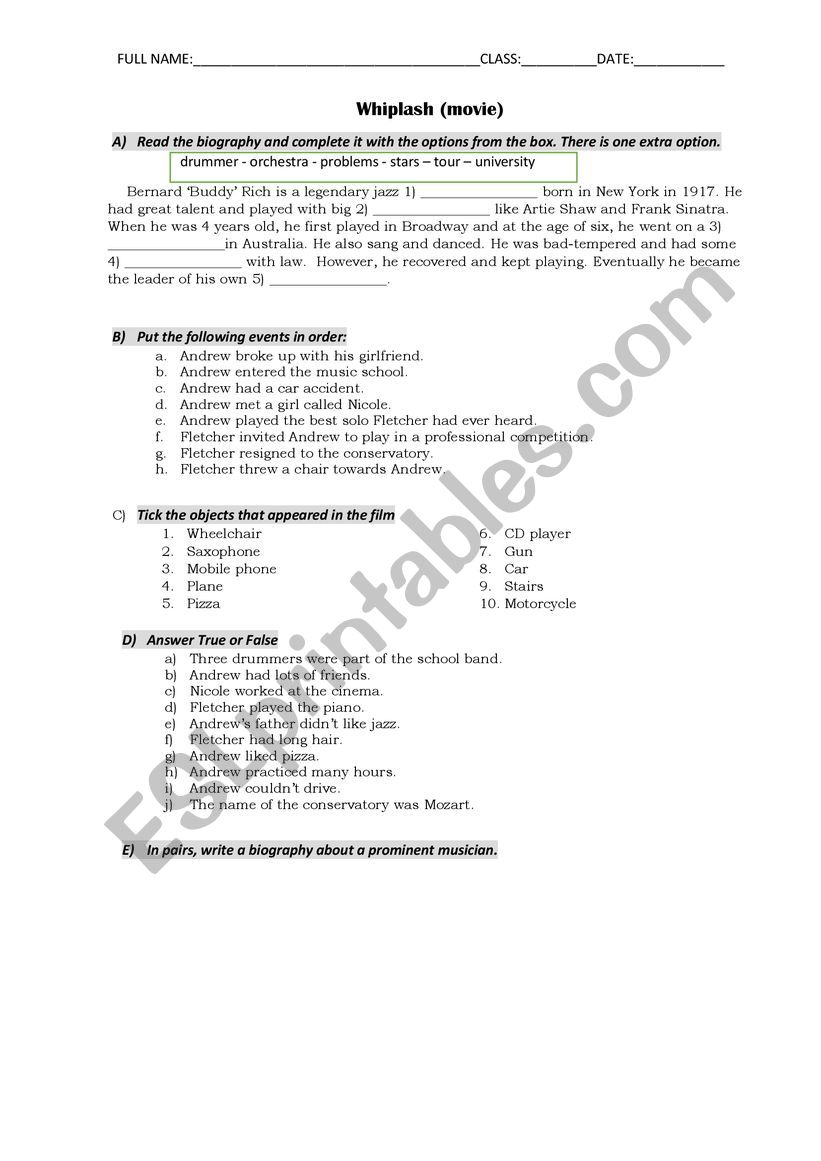 Whiplash (movie) worksheet