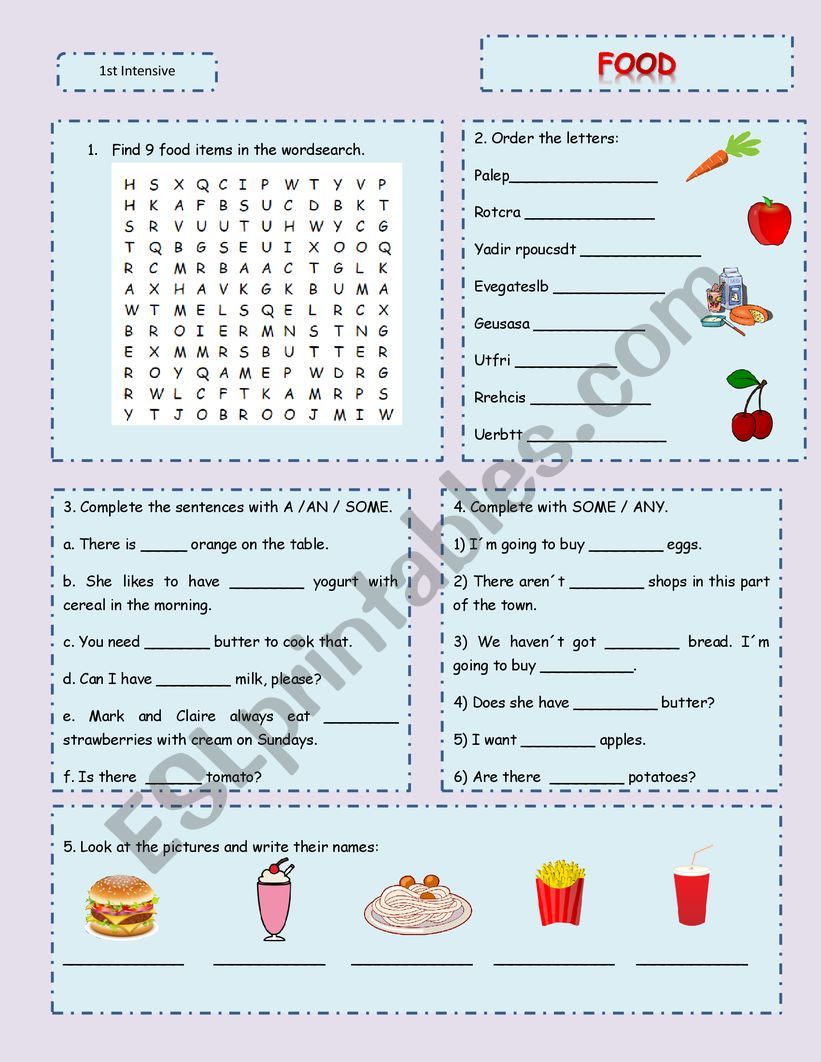 Food wordsearch worksheet