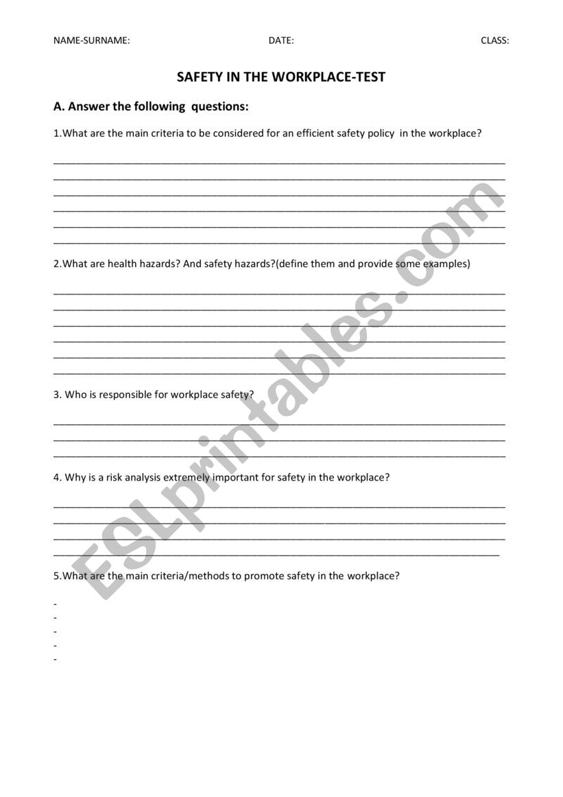 safety in the workplace worksheet