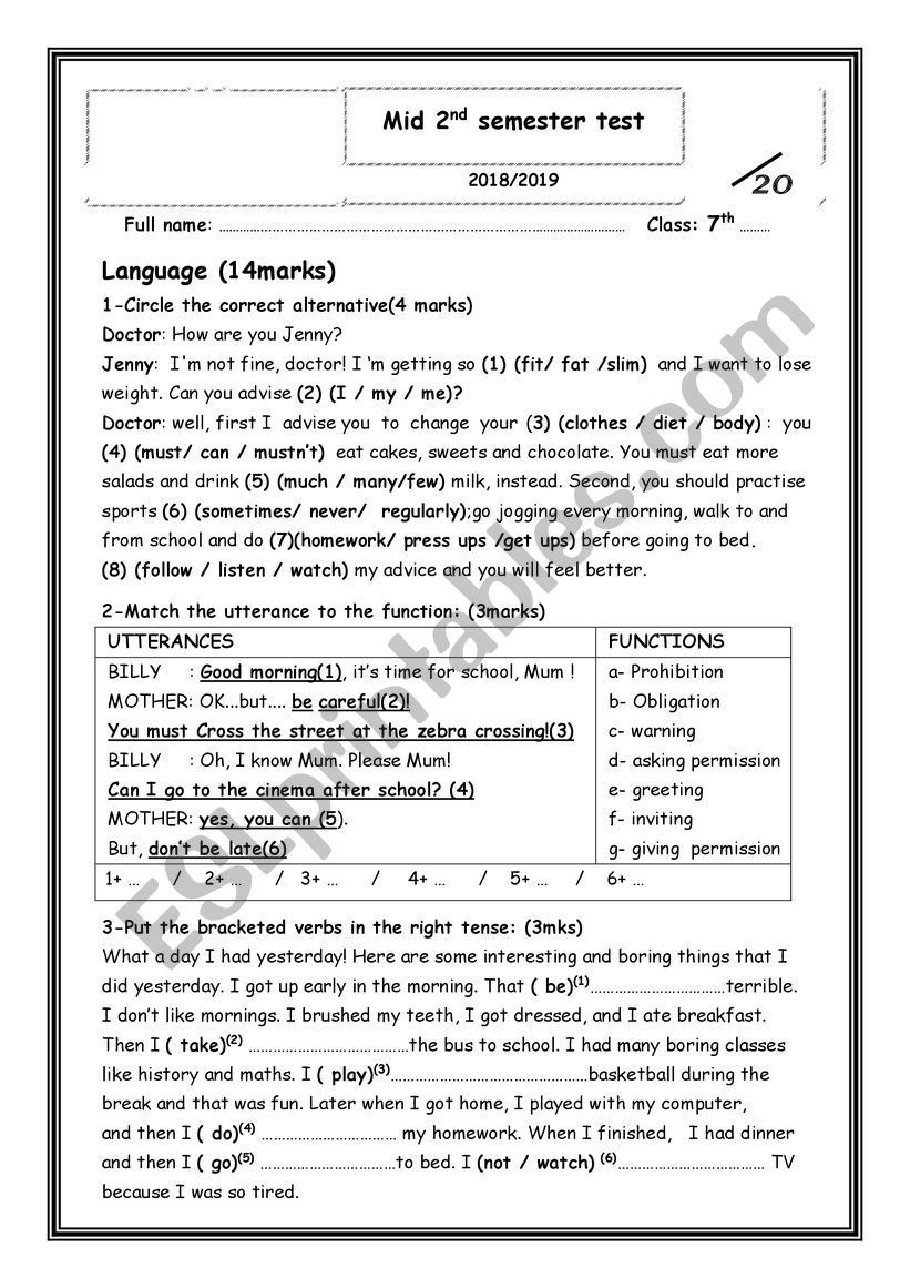 mid 2nd semester test  worksheet