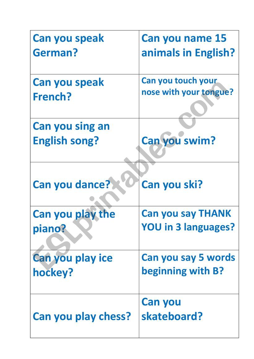 Can you...? questions cards  worksheet