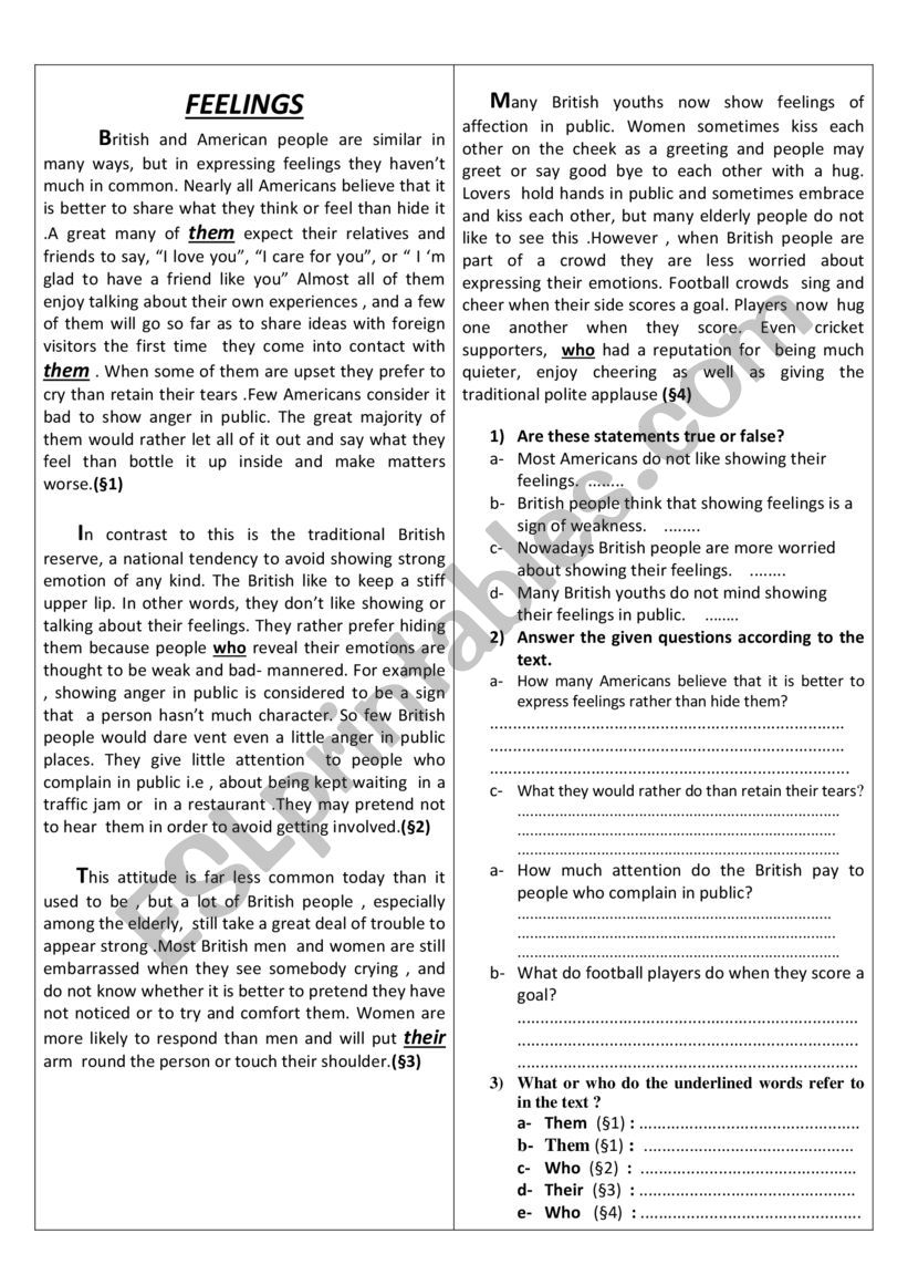 feelings and emotions worksheet