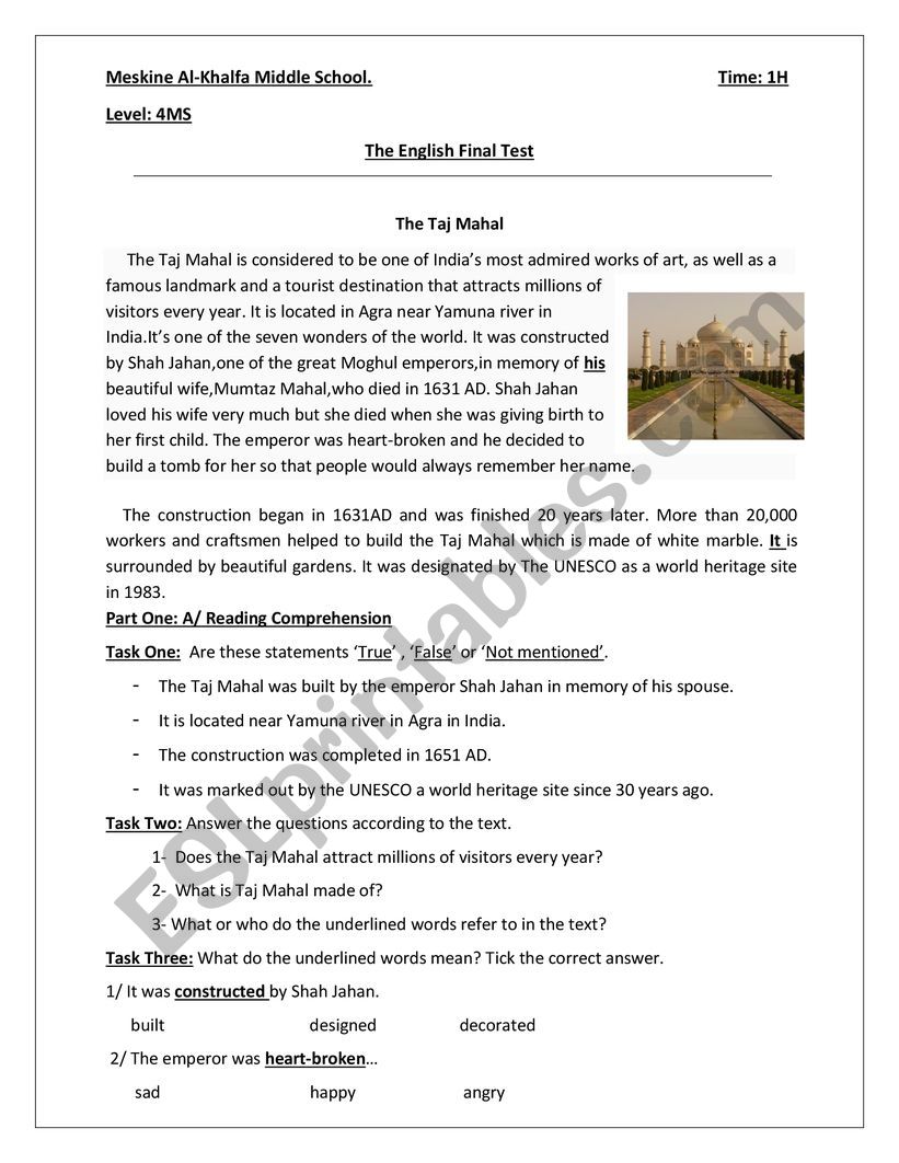 Taj Mahal worksheet