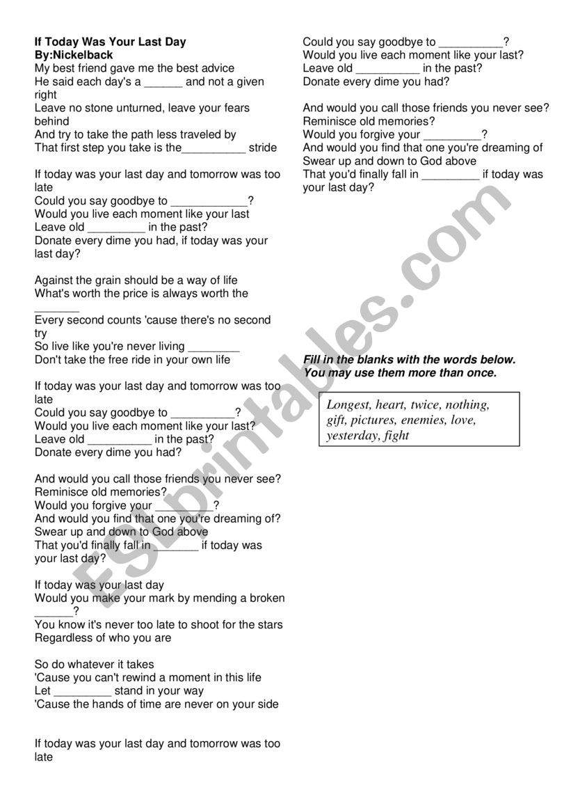 Listening Activity-If Today Was Your Last Day-Cloze - ESL worksheet by ...