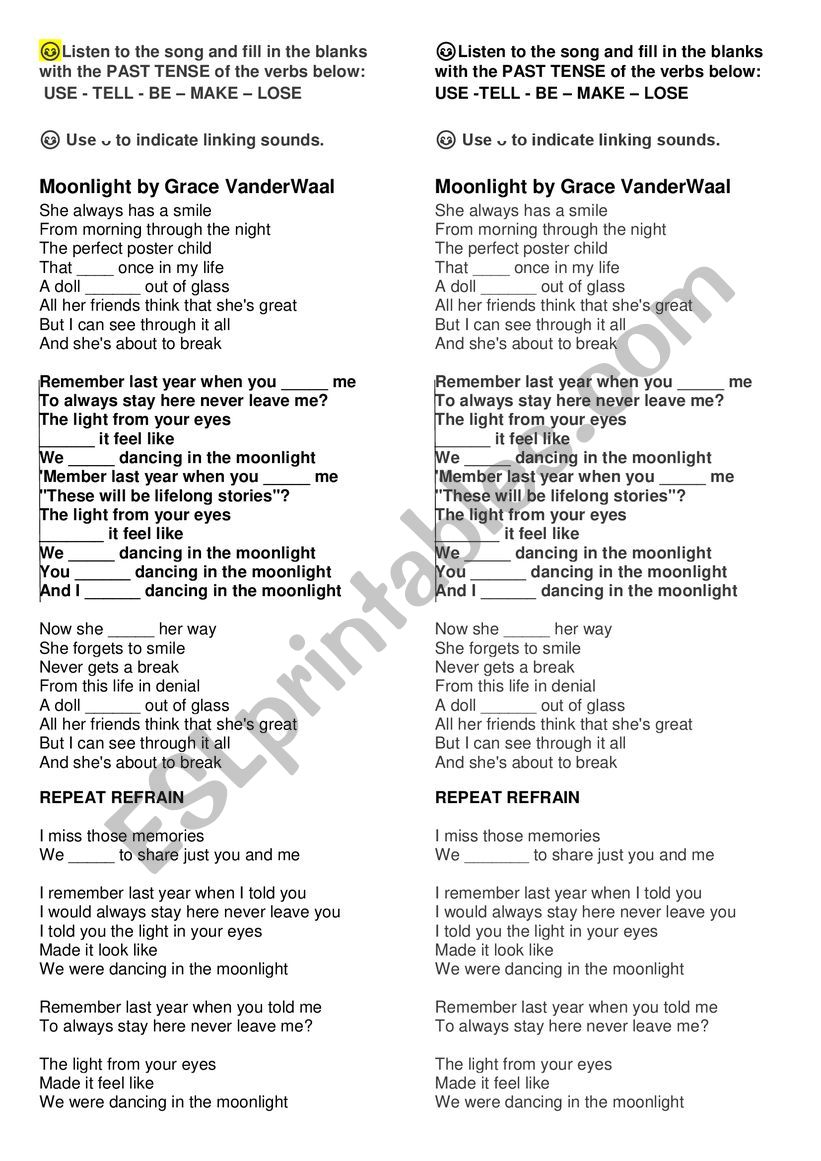 Moonlight song worksheet