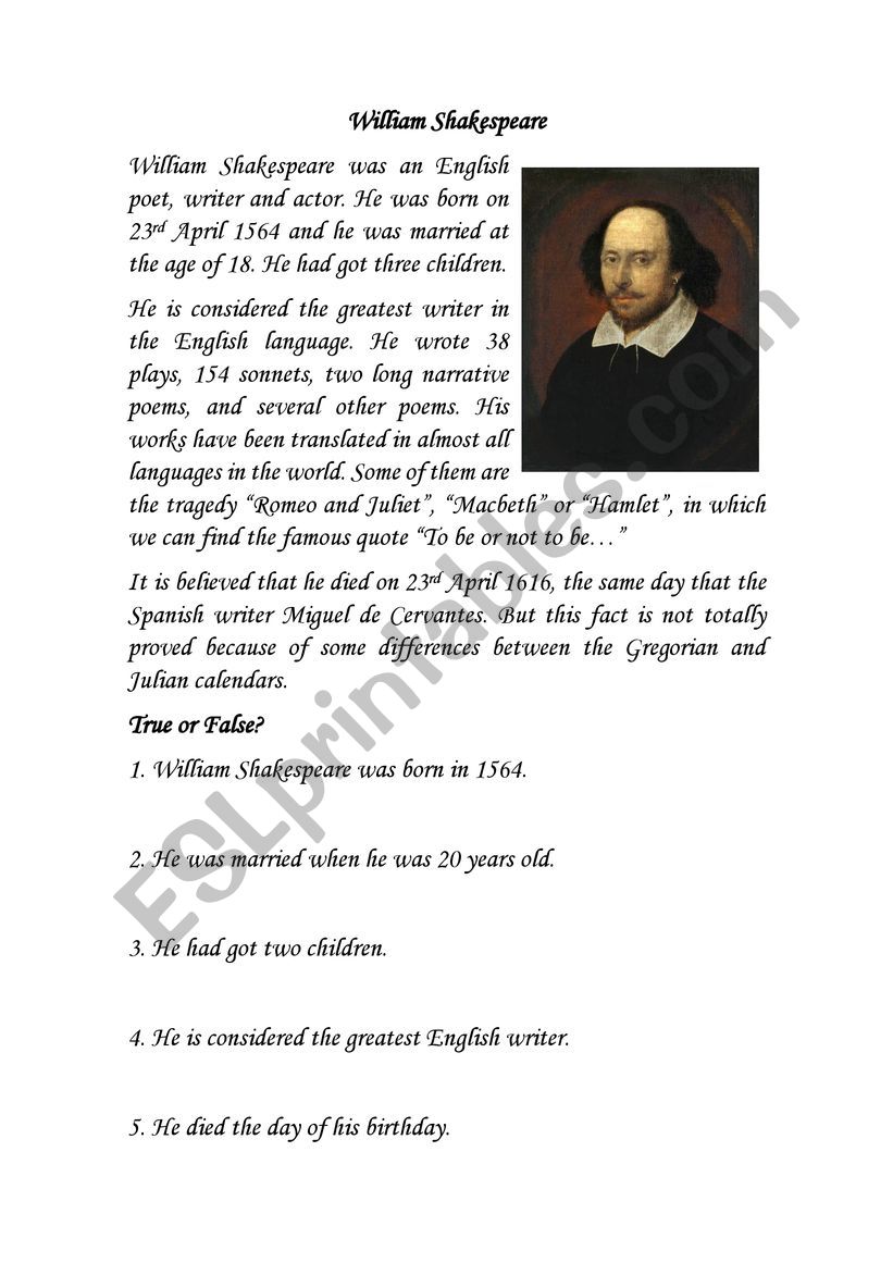 William Shakespeare: Reading worksheet