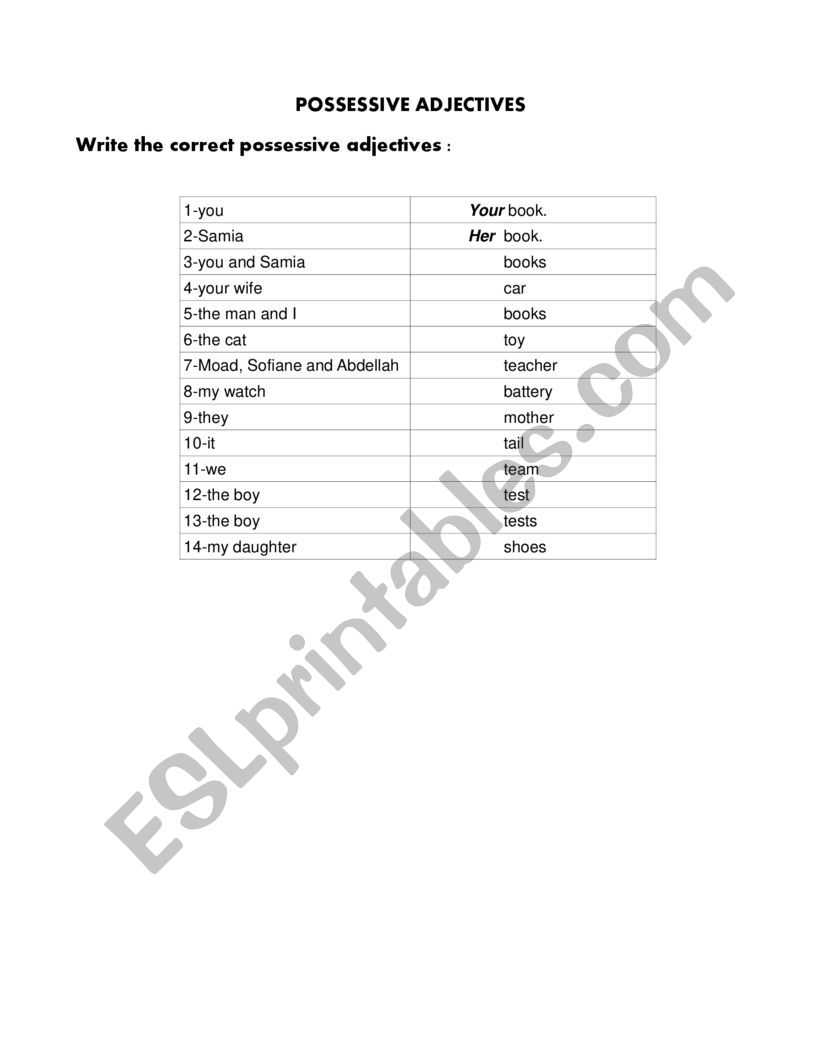 Possessive adjectives worksheet