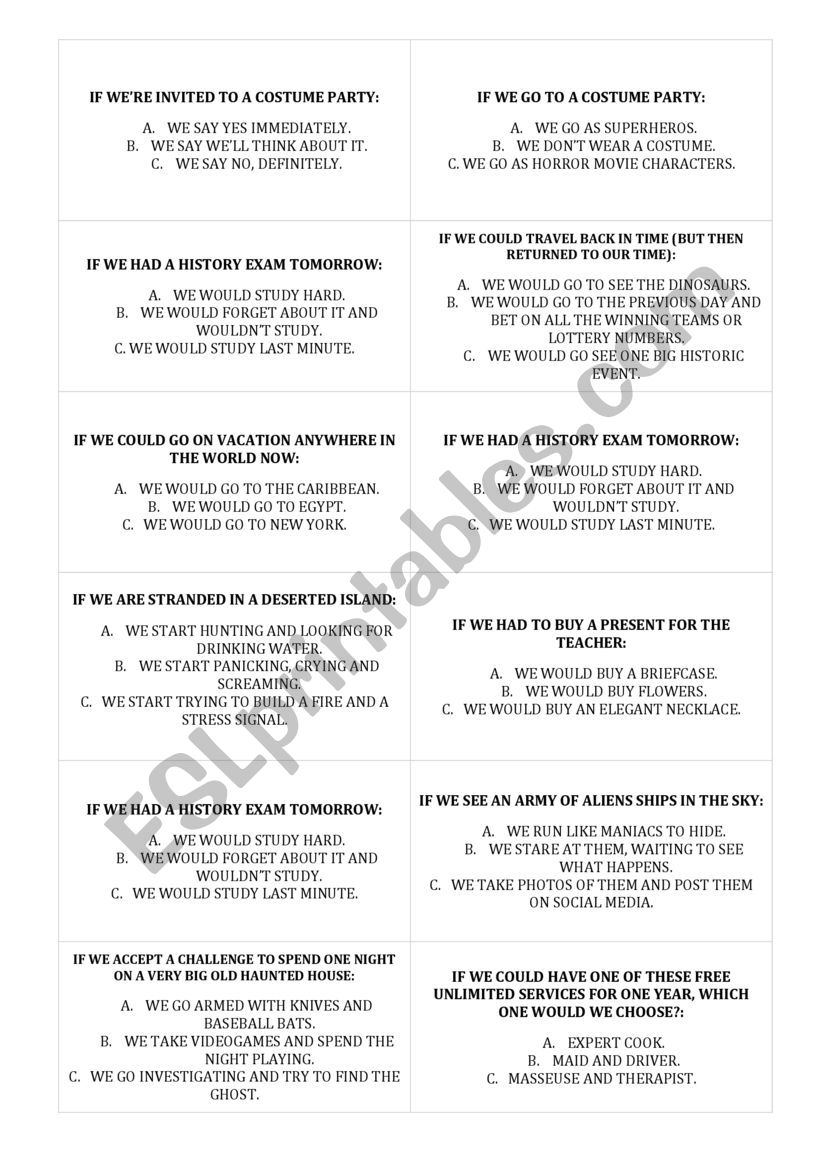 Hypothetical situations cards worksheet