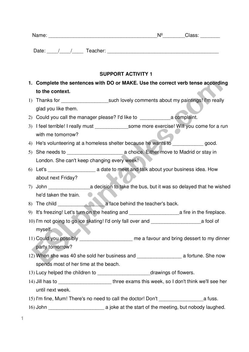 SUPPORT ACTIVITY worksheet