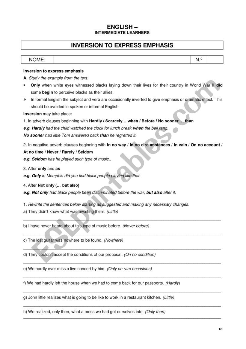 Inversion to express emphasis worksheet