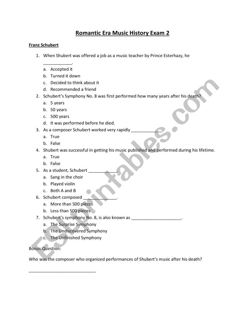 Romantic Era Questions worksheet