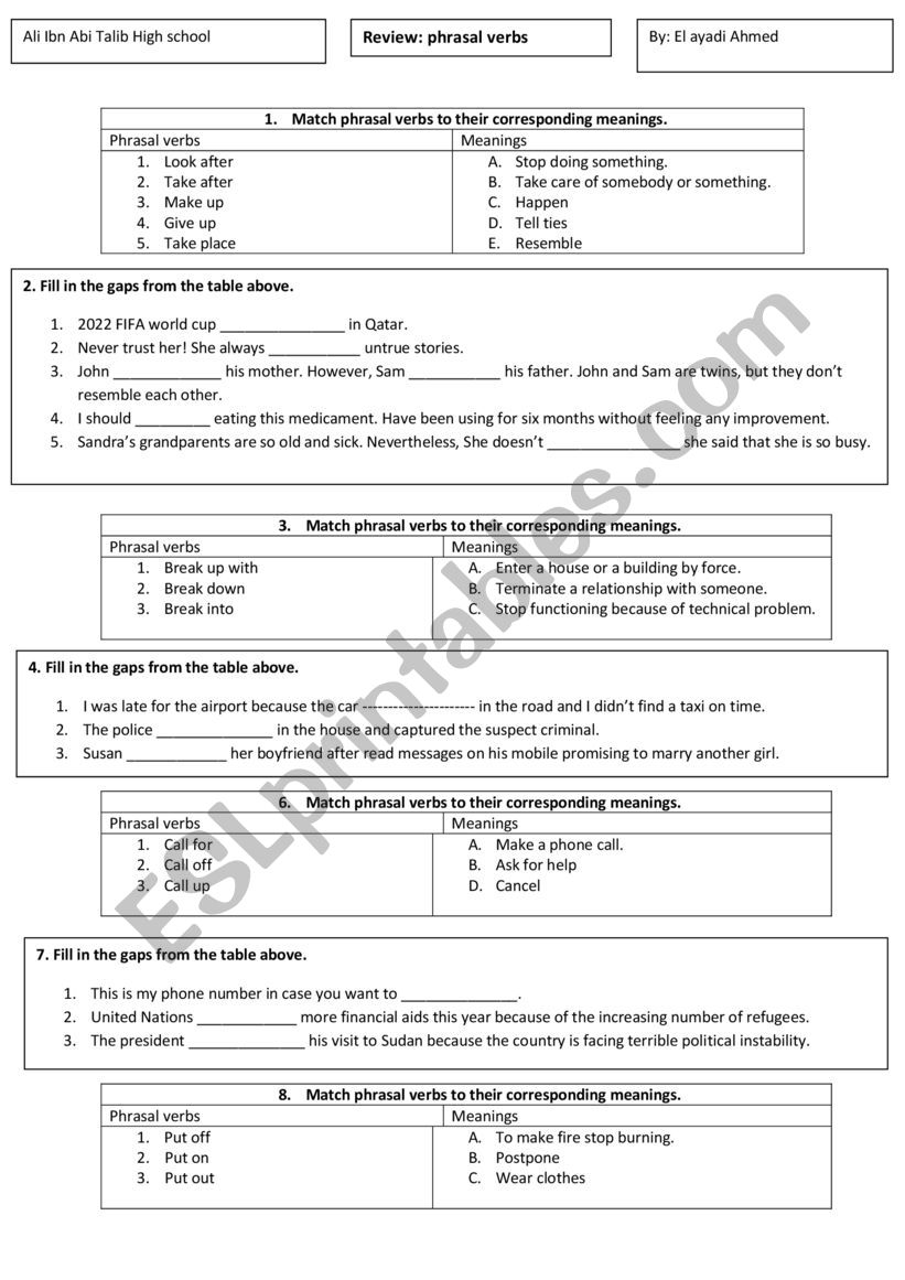 Phrasal verbs in context worksheet