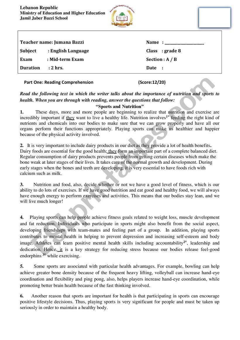 Mid-Term Exam (grade 8) 2019 worksheet