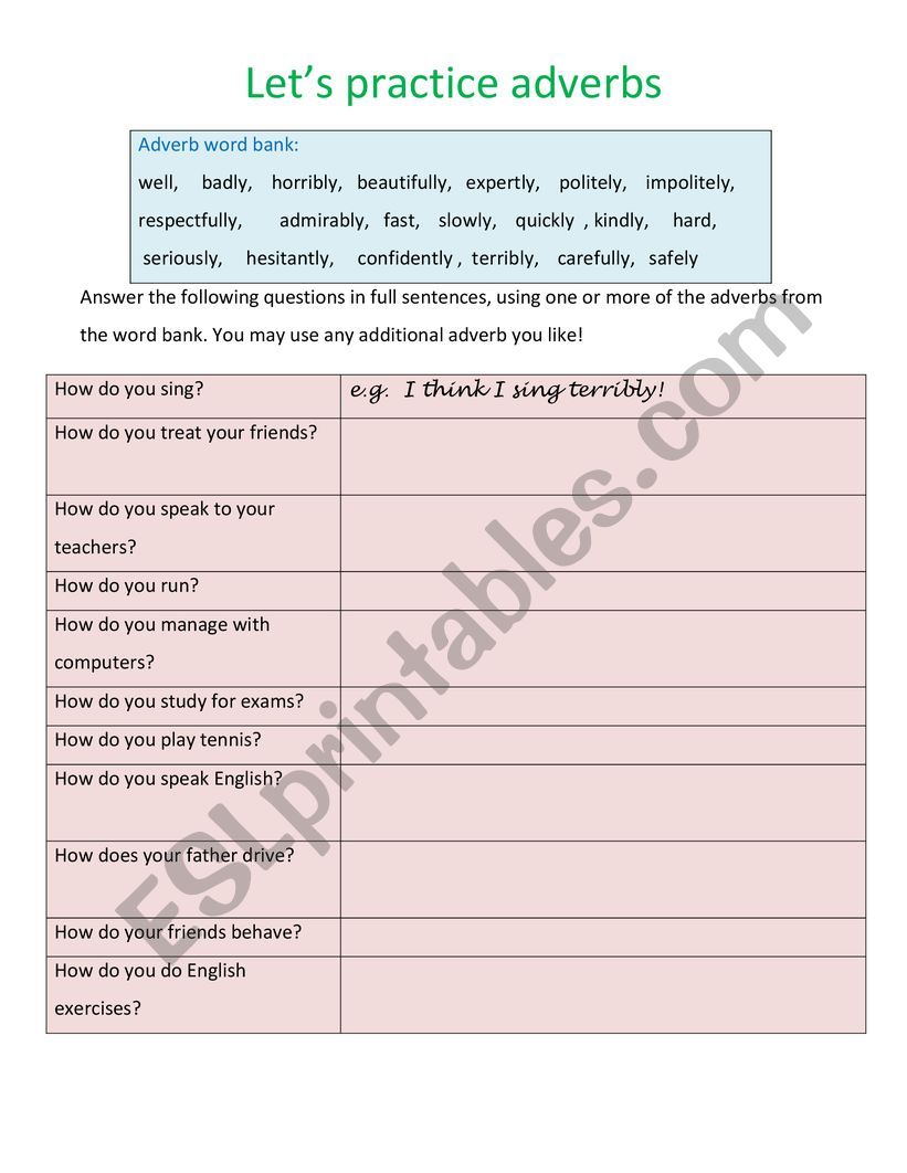 Lets Practice Adverbs worksheet
