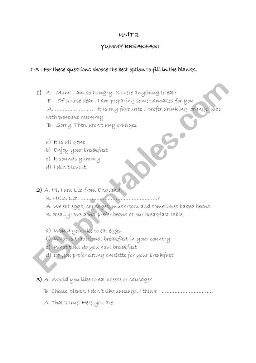 food worksheet