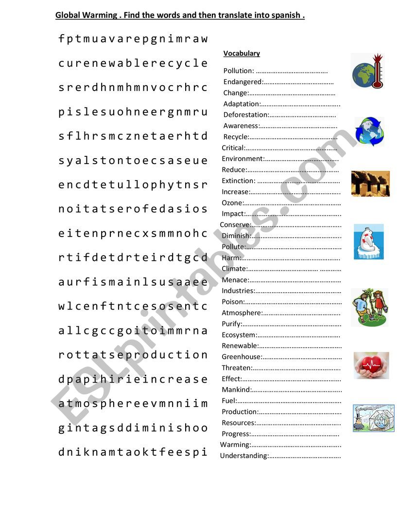 Global warming word search worksheet