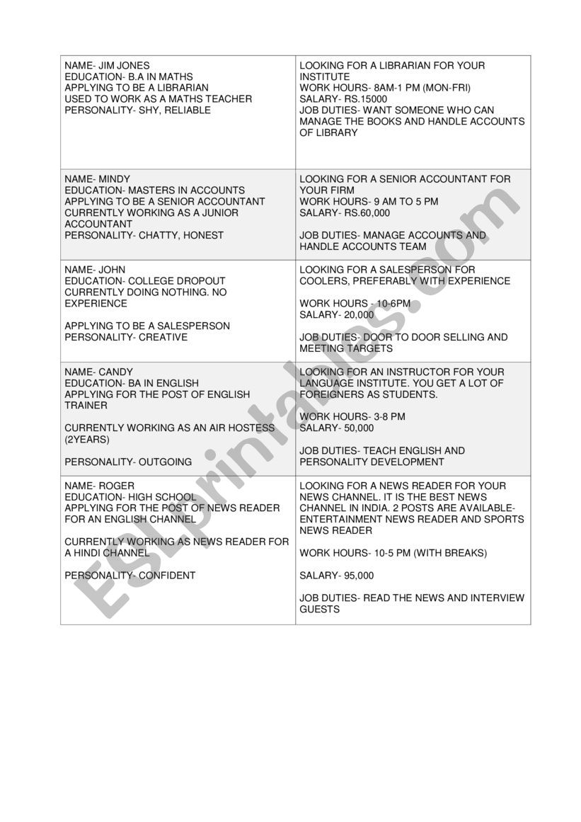 Job interview role cards worksheet