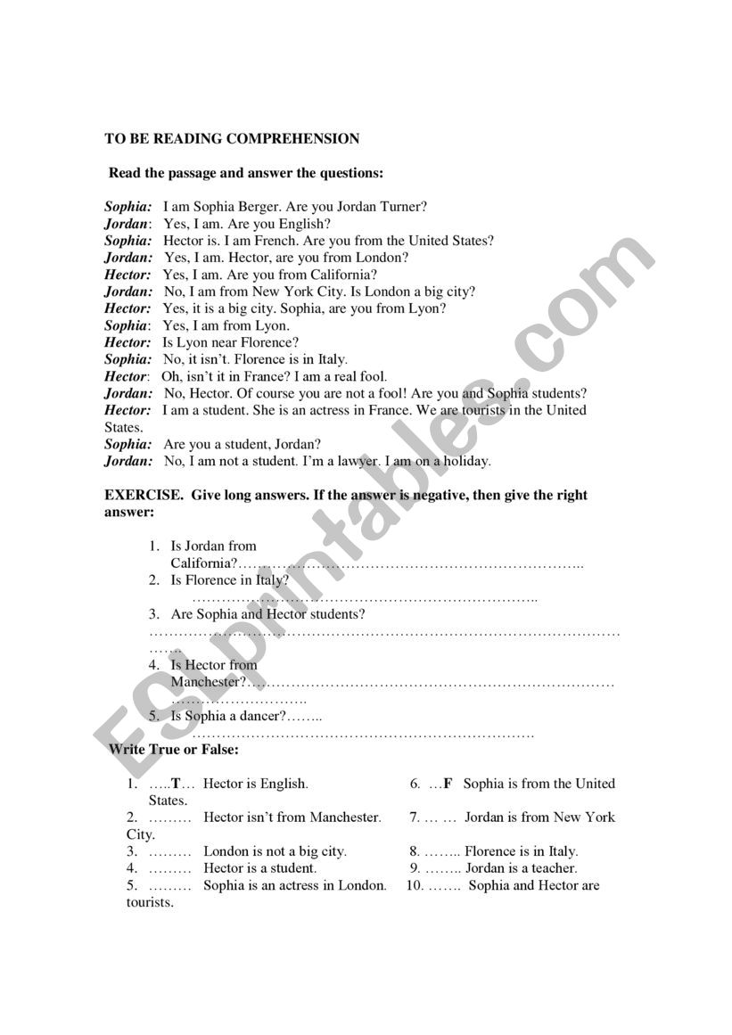 TO BE READING COMPREHENSION worksheet