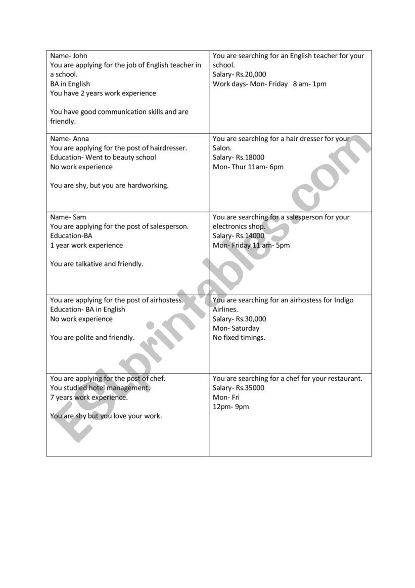 Job interview role cards worksheet