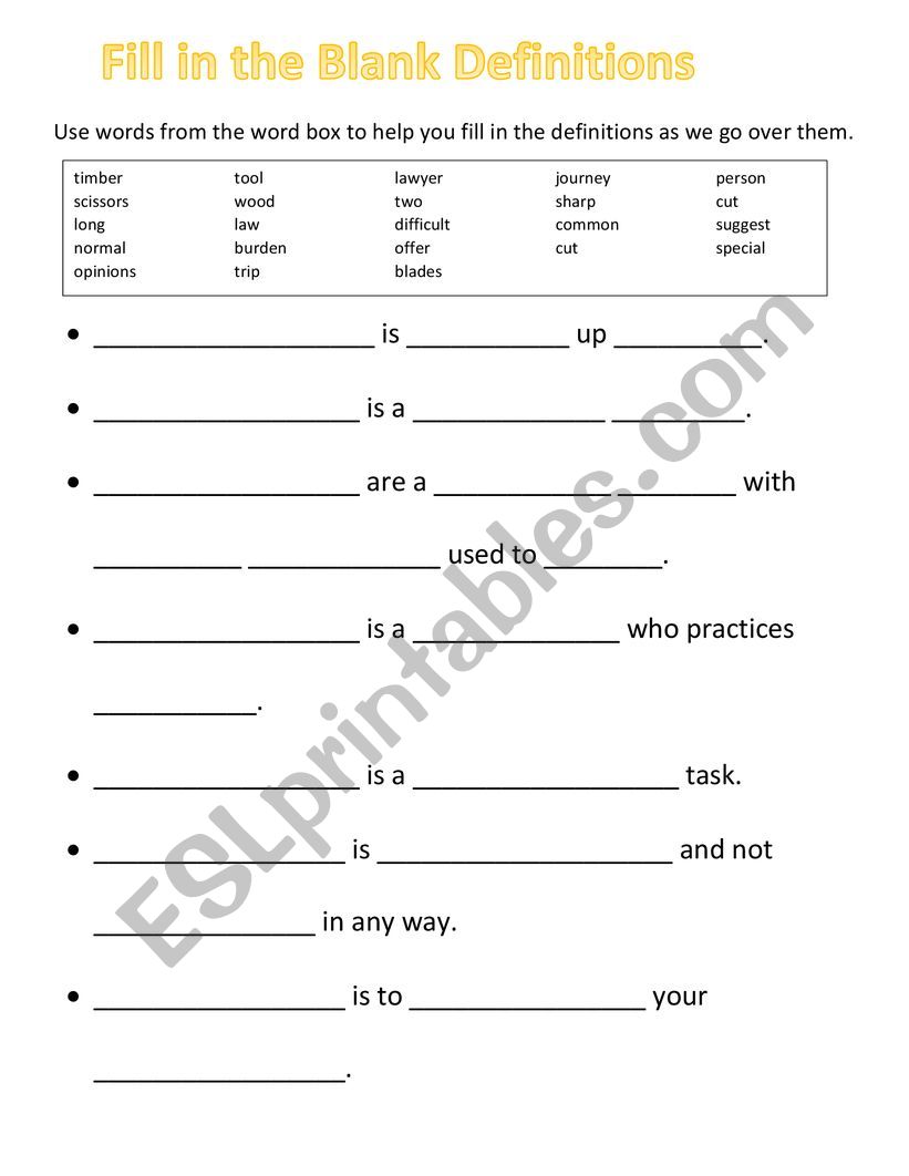 Fill-in definitions worksheet