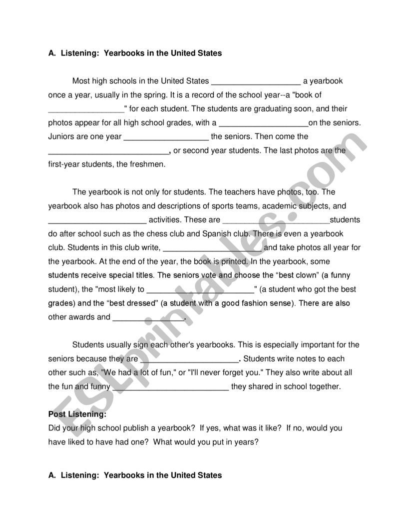 Yearbooks worksheet