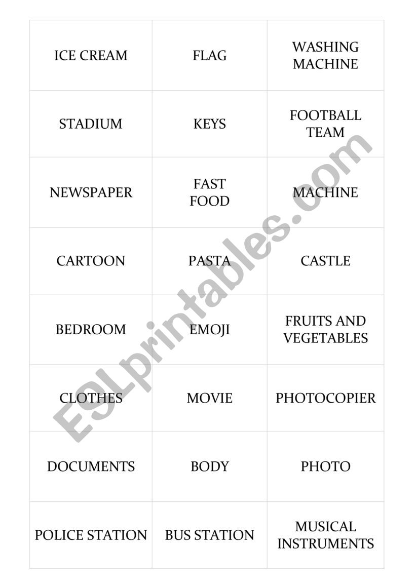 CARDS objects worksheet