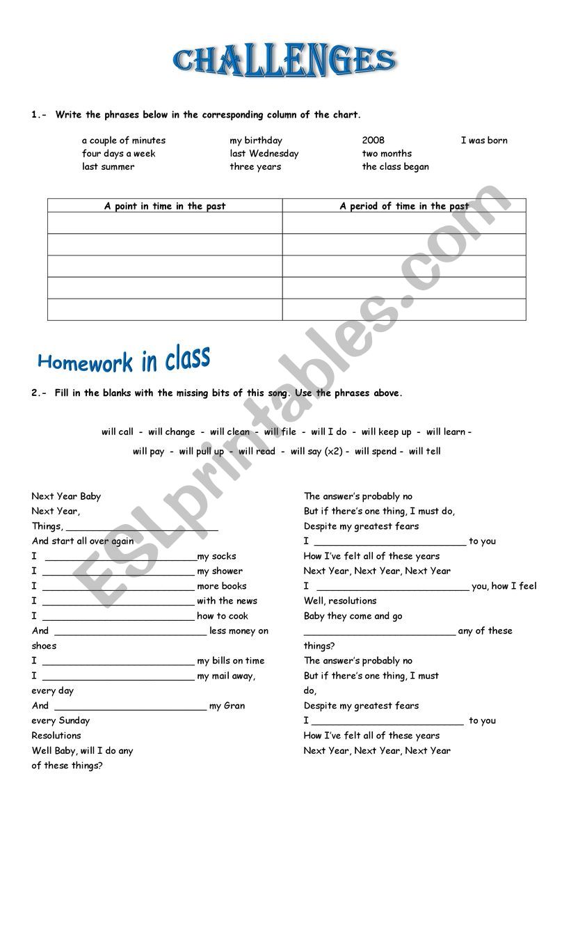 Challenges worksheet