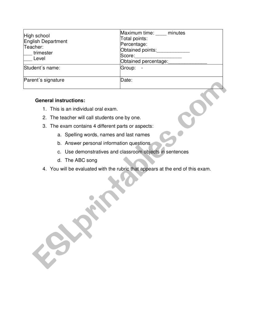 Oral evaluation worksheet