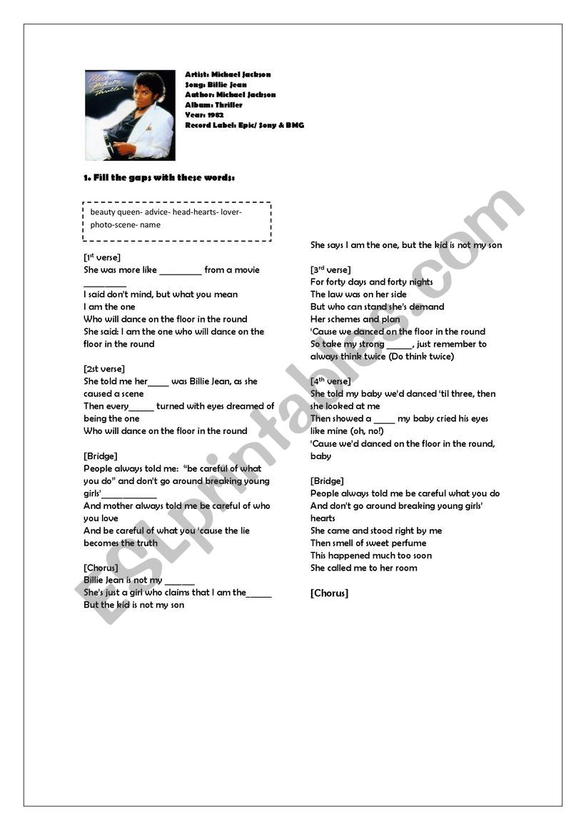 Billie Jean worksheet